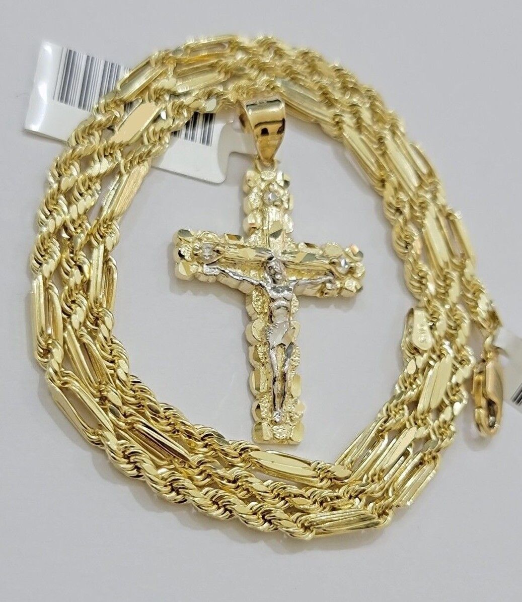 10kt Gold Milano Rope Chain Cross Charm Pendant Set 18 - 24 Inch 3mm Necklace REAL - GoldenlinQ